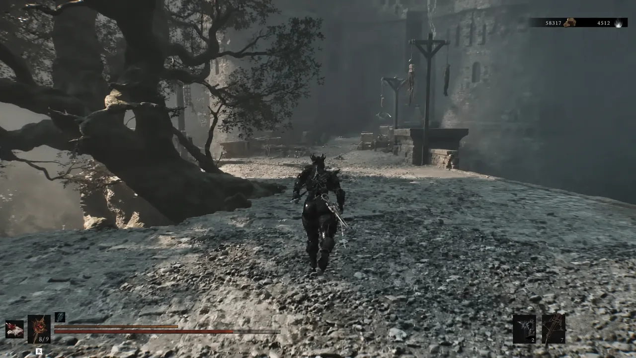 Armored character sprinting through a ruined courtyard on the way to Castigator's Keep