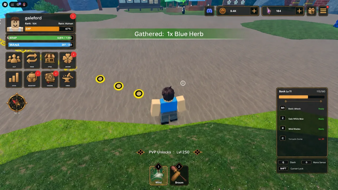 Gathered: 1x Blue Herb banner appearing on screen as the avatar collects a herb in the field