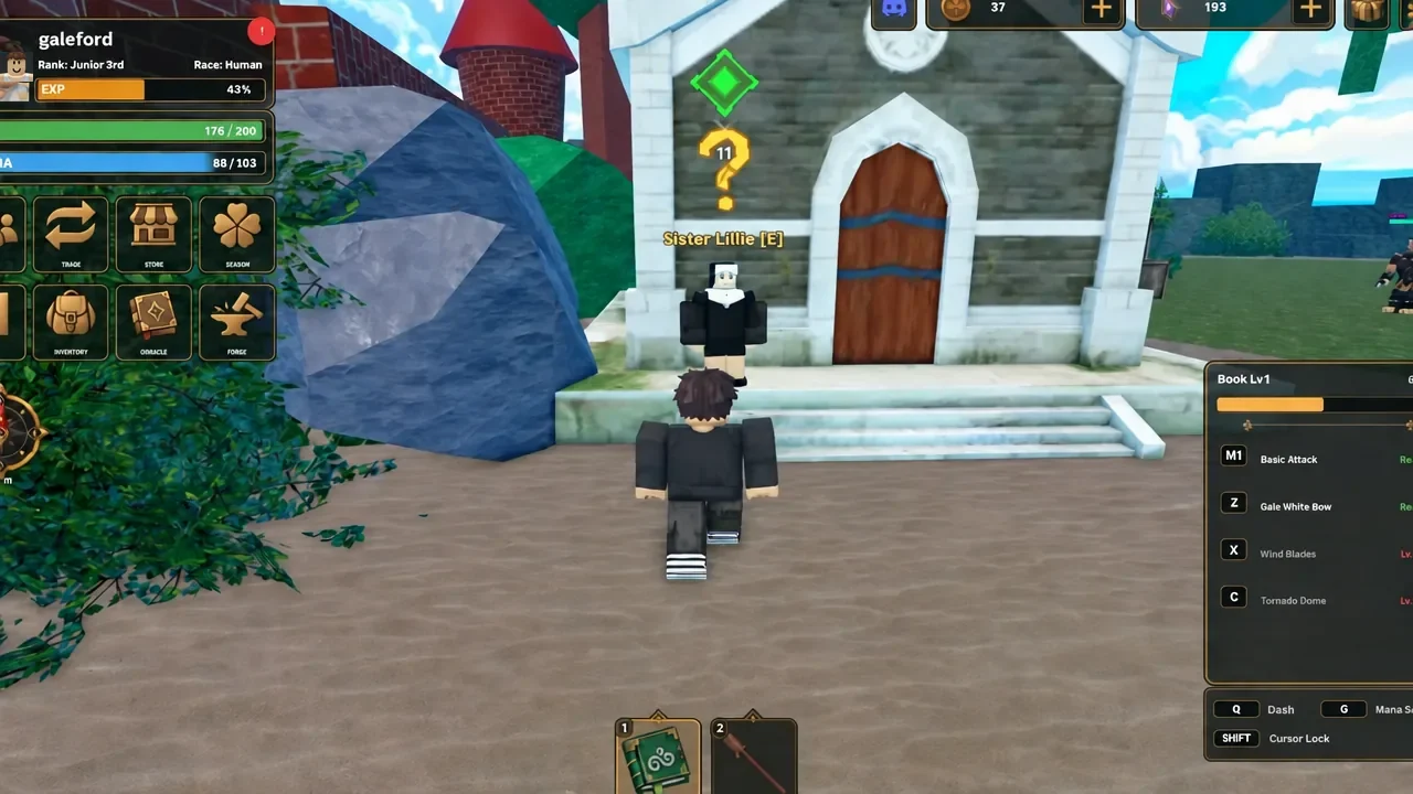 Player approaching Sister Lillie, marked with a quest indicator and an [E] interact prompt