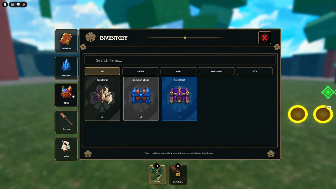 Inventory screen on the Items tab with a Rare Chest selected among collected loot