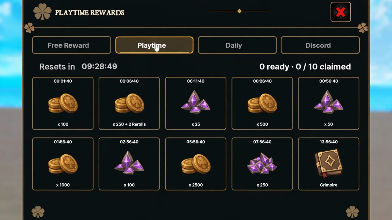Playtime Rewards menu with the Playtime tab open and timed reward claims listed