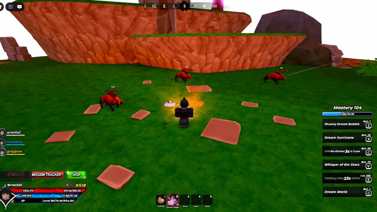 Dream World active, showing the swapped ability hotbar while the player casts a glowing attack