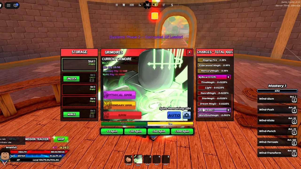 Grimoire Tower auto-roll menu set to stop on Mythical or higher rarity