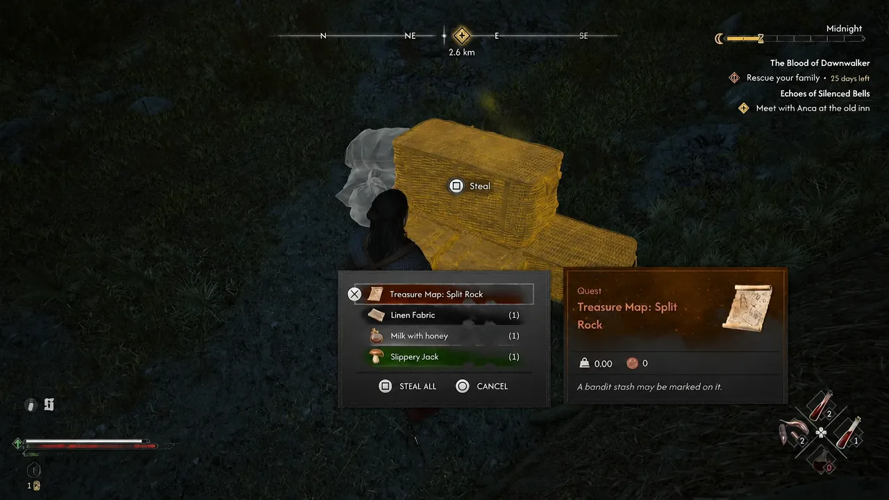 Steal menu with Treasure Map: Split Rock highlighted, showing steal and steal all options
