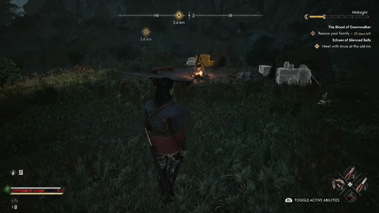 Coen walking toward a lit campfire at the small bandit camp south of Rockfalls