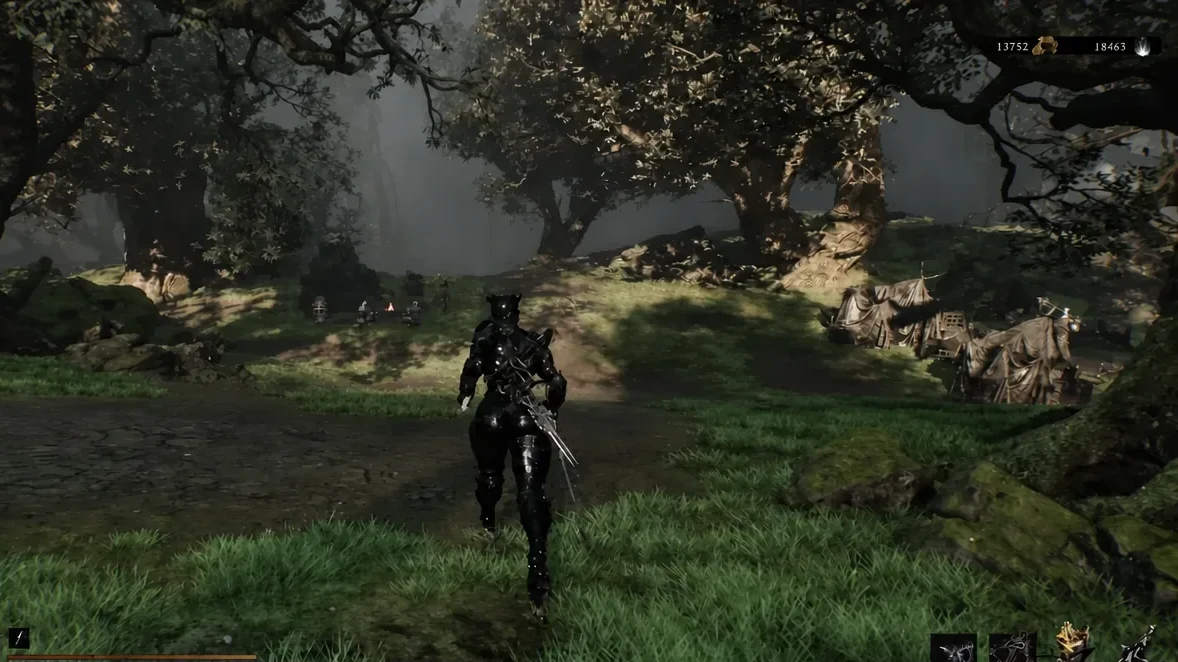Armored Harbinger running through woodland toward a small enemy camp in the Outskirts of Mammon