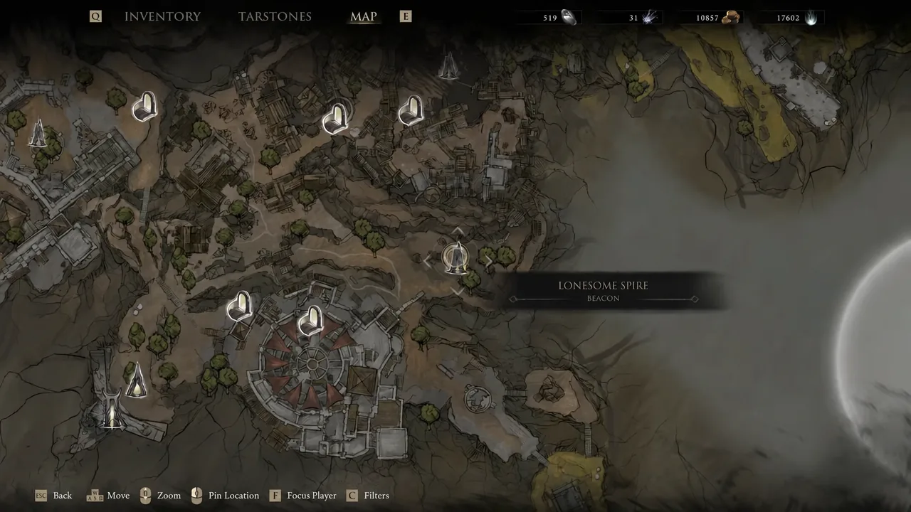 In-game map screen with the Lonesome Spire beacon highlighted in the Ruins of Mammon