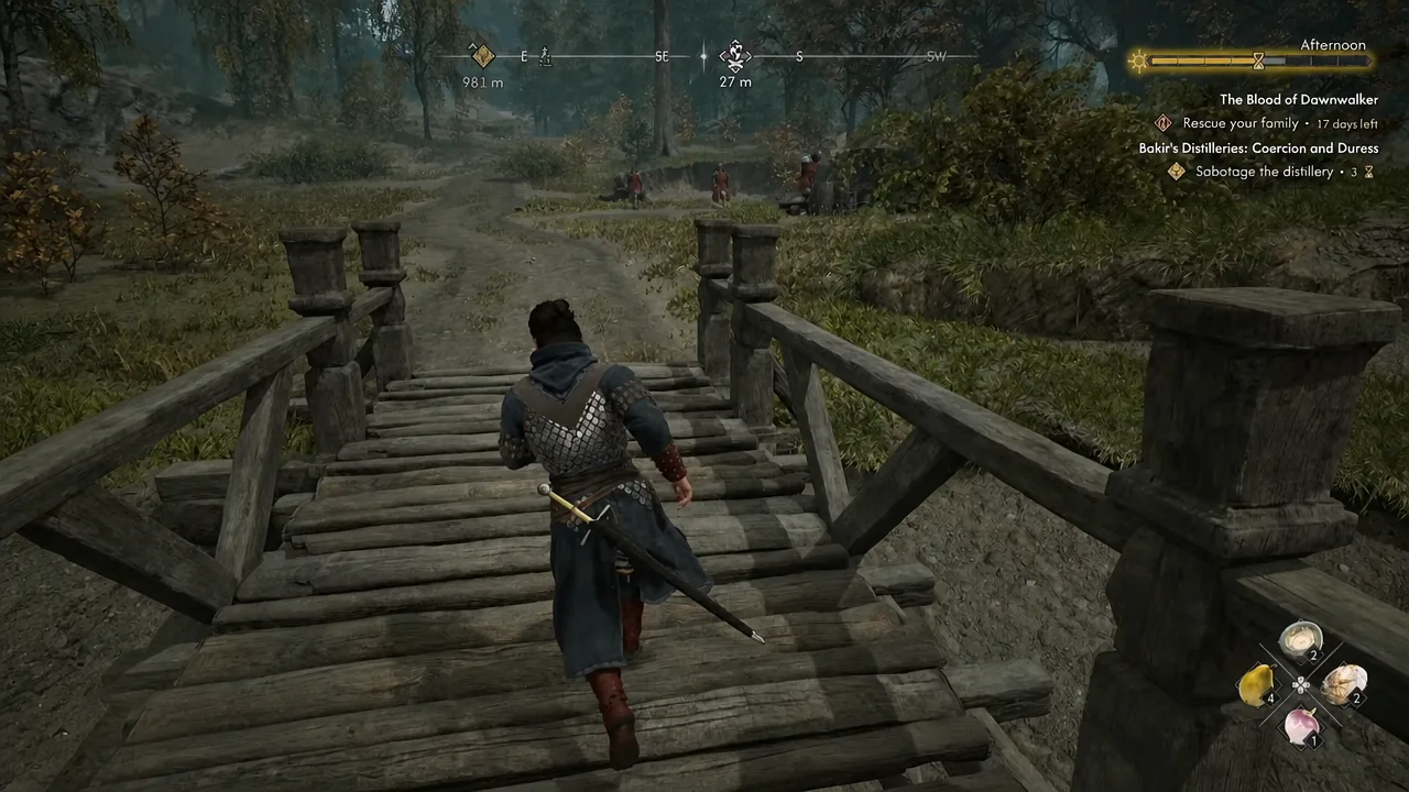 Crossing a wooden bridge on the way to the tracked Soldier Camp objective