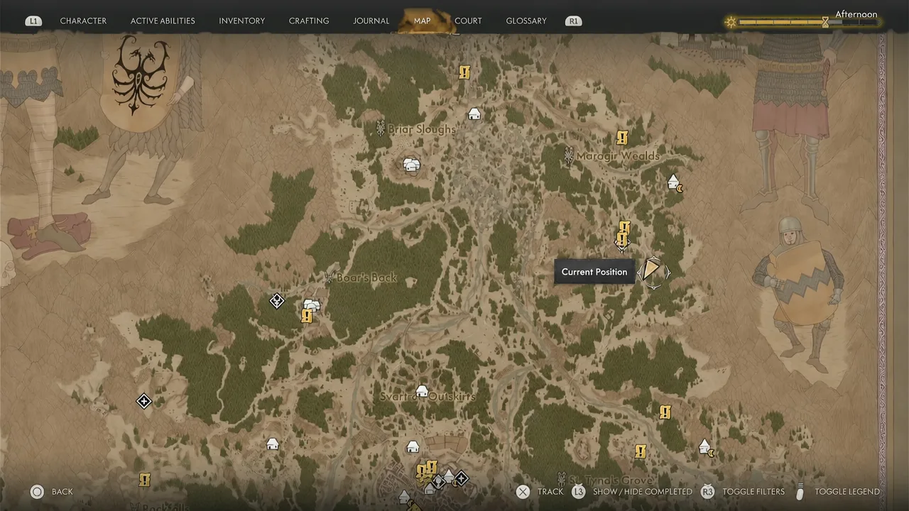 World map open with the current position marker highlighted while tracking a Soldier Camp