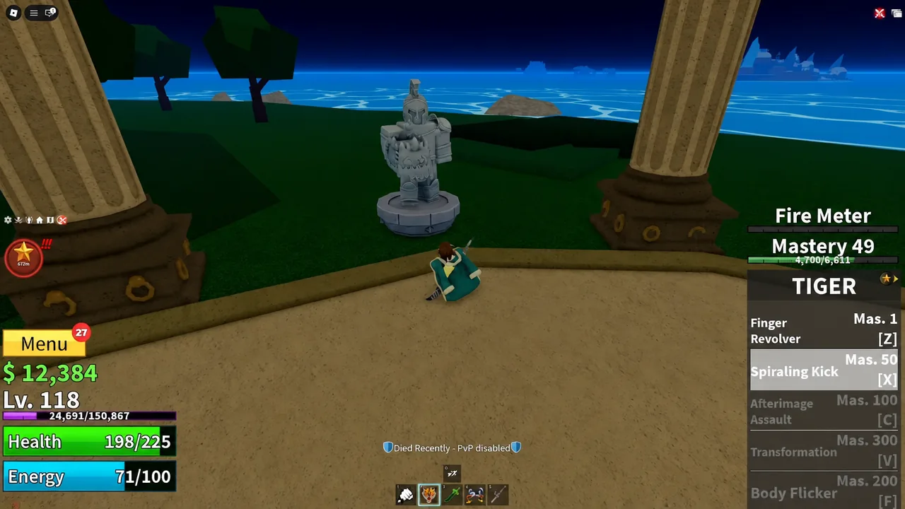 Mastery panel open with Spiraling Kick highlighted while choosing an attack for a statue