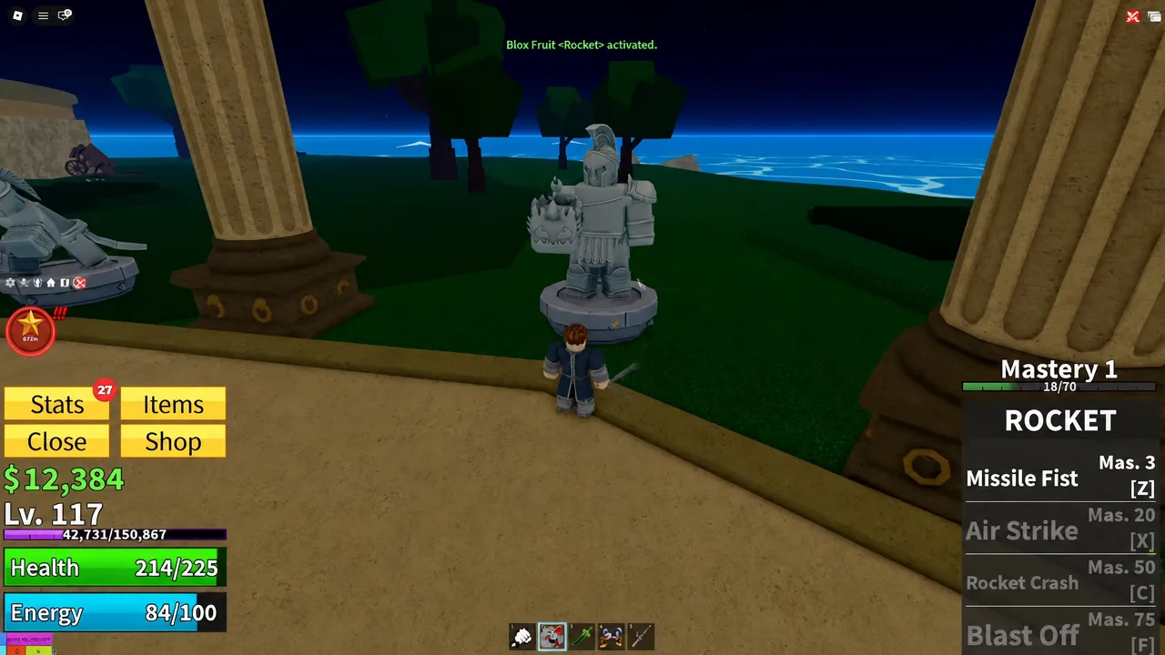 Player punching the shield and fist statue at the Colosseum using the Combat fighting style