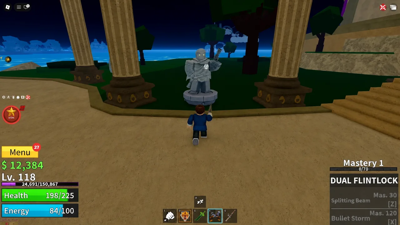 Dual Flintlock selected in the hotbar as the player lines up a shot on the gun statue