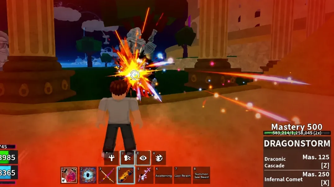 Dragonstorm ability panel open with hotbar slot four selected while an attack lands