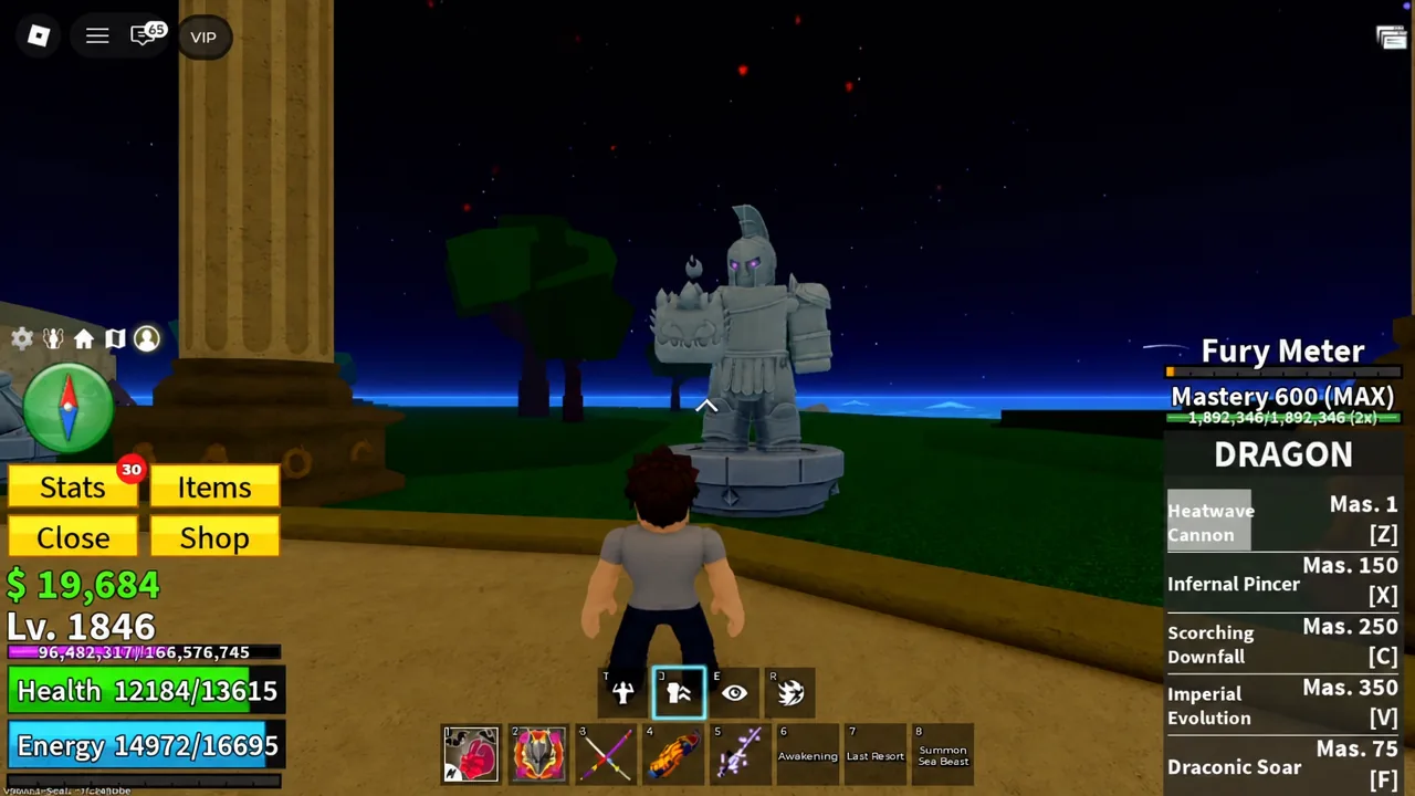 A Blox Fruit ability striking the statue that holds a fruit inside the Colosseum arena