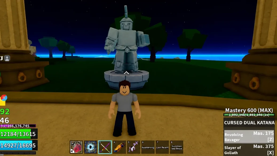 Player stands in front of a Colosseum statue with the Cursed Dual Katana equipped in hotbar slot 3