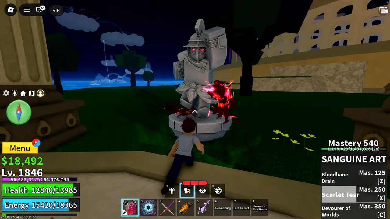 Melee attack from the Sanguine Art fighting style in slot 1 landing on a Colosseum statue
