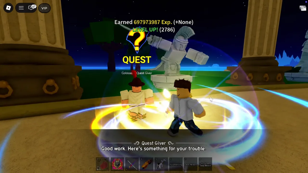 Quest giver dialogue reading Good work. Here's something for your trouble.