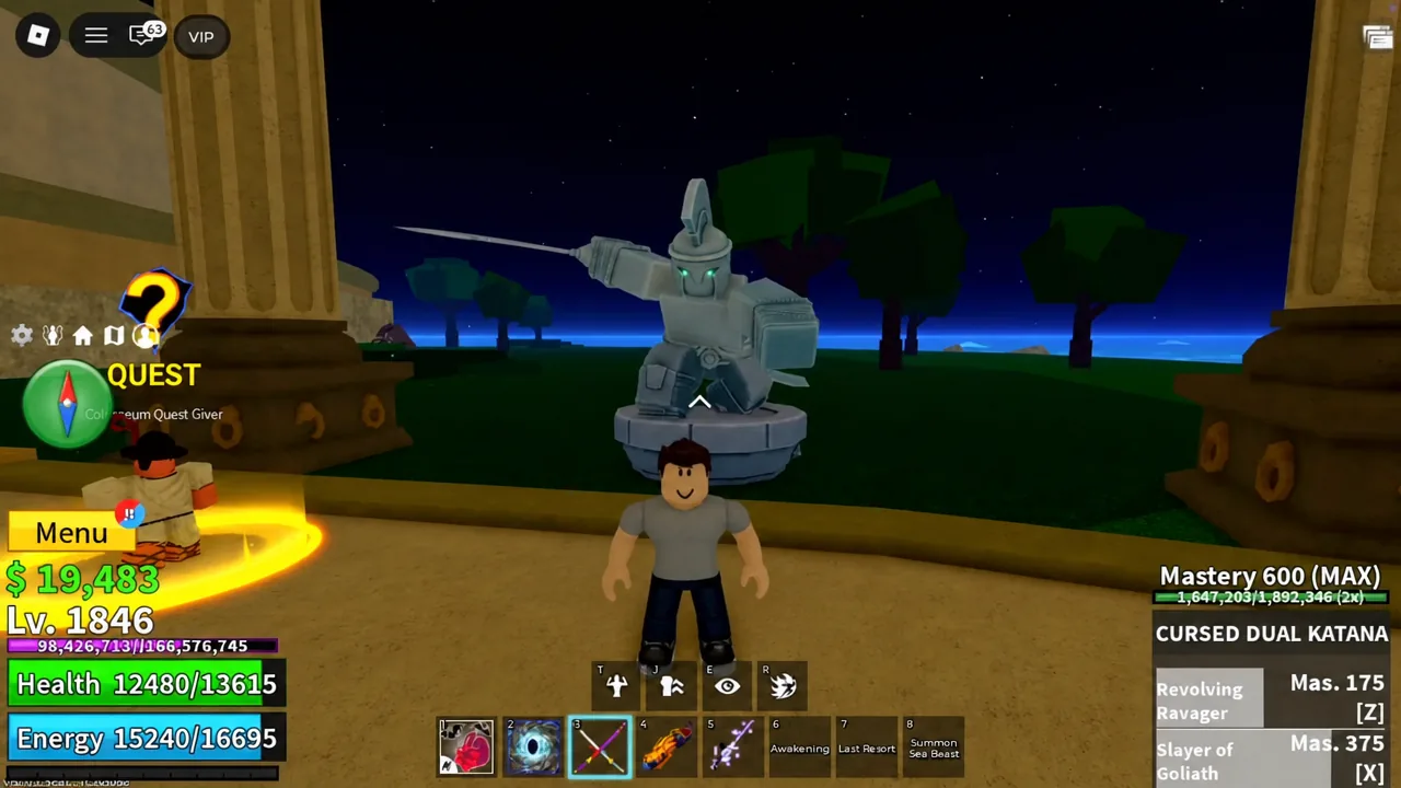 Quest marker above the Colosseum quest giver as the player walks up to him