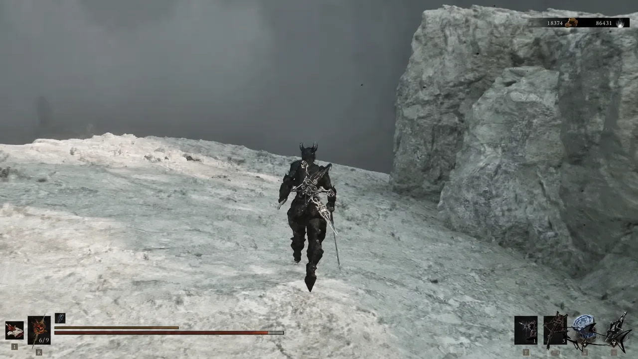 Armored character sprinting along a narrow snow-covered cliff ledge past the keep