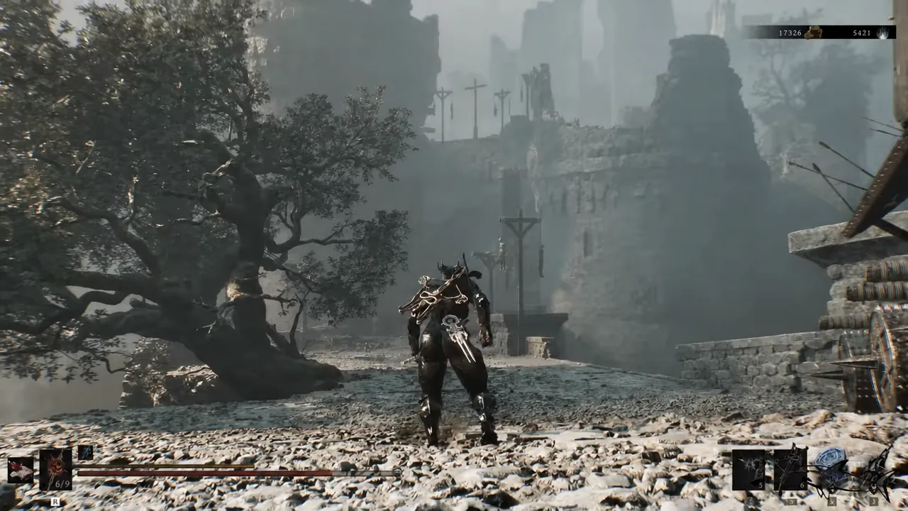 Player crossing the ruined stone path along the Road to Absolution with the combat HUD on screen