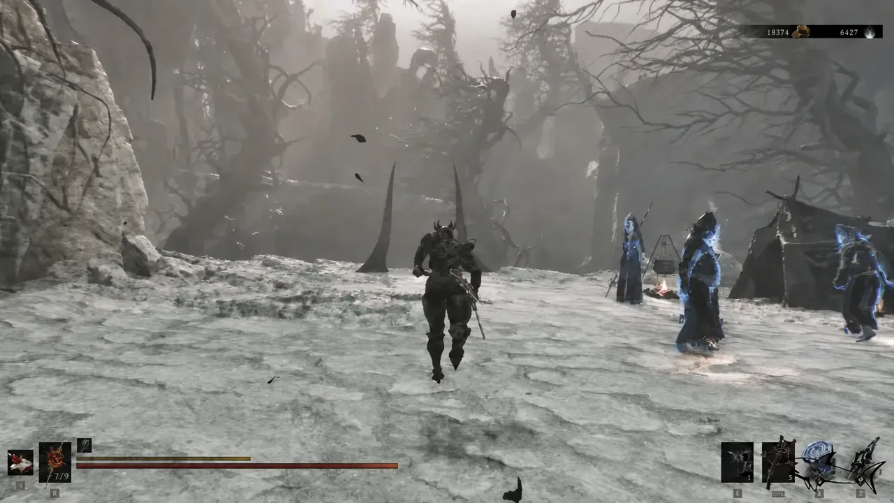 Blue spectral enemies drifting across a snowy clearing as the player runs past them