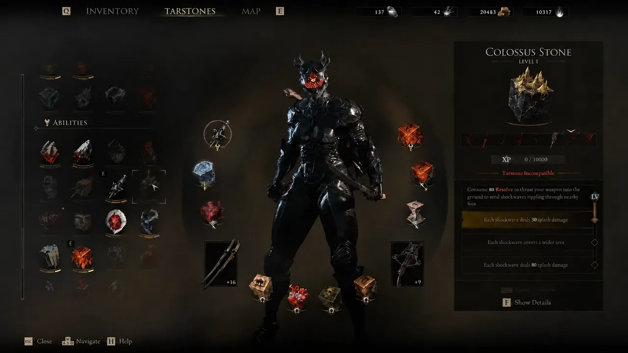 Tarstones menu with the Colossus Stone selected and the 30 splash damage upgrade highlighted
