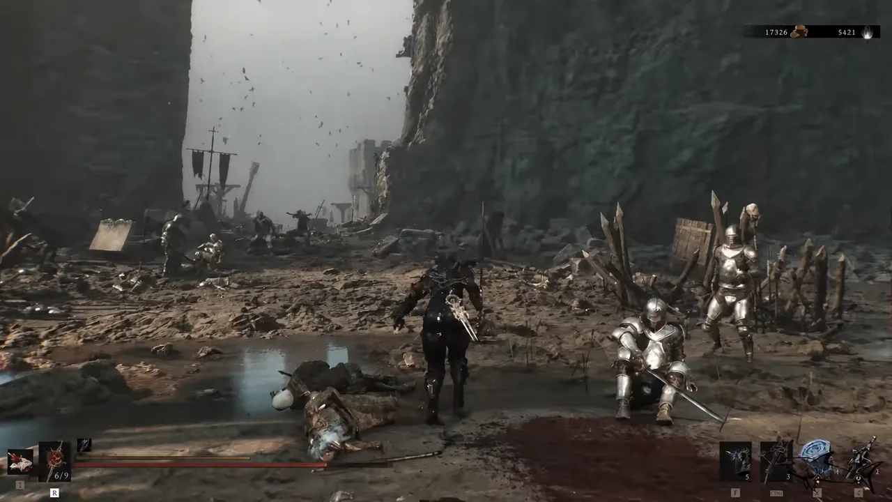 Player closing in on armored enemies guarding the ledge, with combat HUD and equipment slots visible