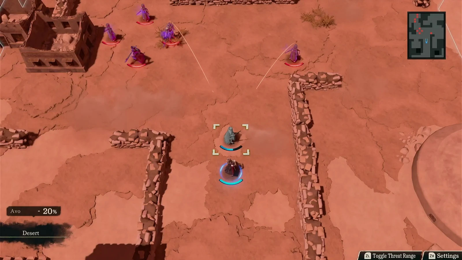Desert map showing a player unit between stone walls surrounded by red-marked enemies and threat lines