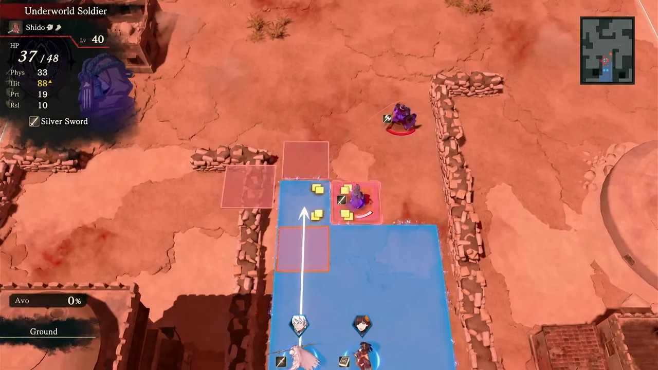 Movement grid and white path arrow planning a route toward a highlighted Underworld Soldier