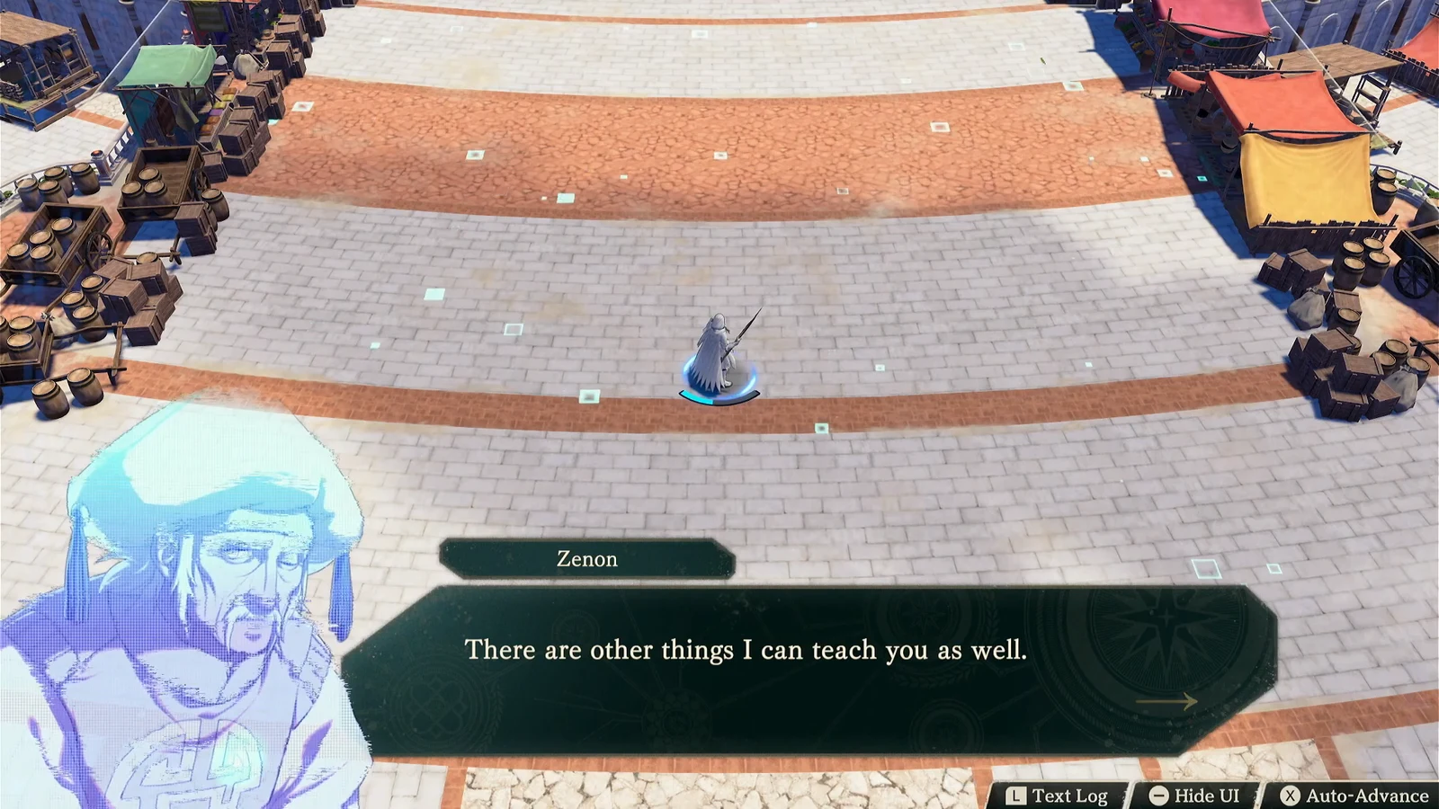 Zenon's dialogue box reading There are other things I can teach you as well, with Auto-Advance shown