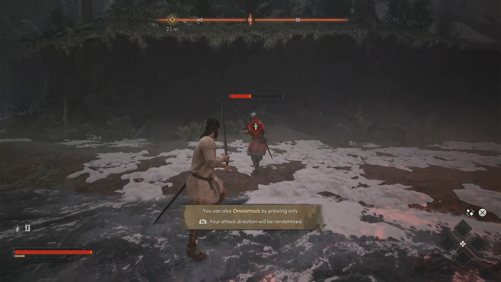 Tutorial prompt during a fight explaining the Omniattack, which randomizes the swing direction
