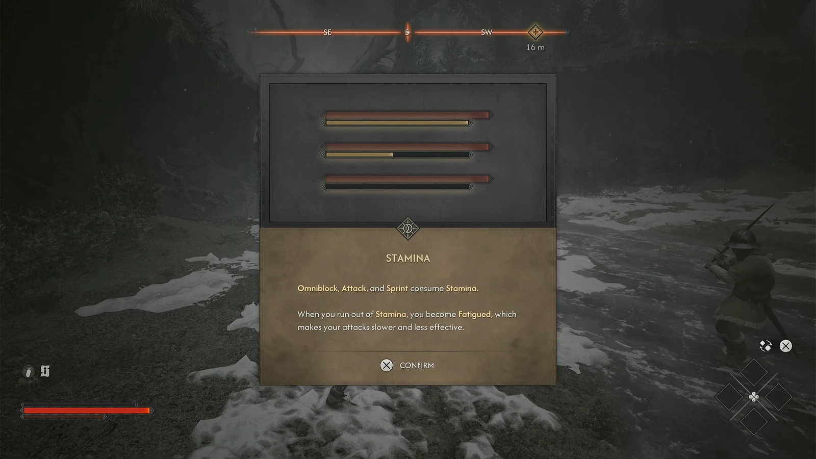 Stamina tutorial popup explaining that Omniblock, attacks and sprinting drain the bar
