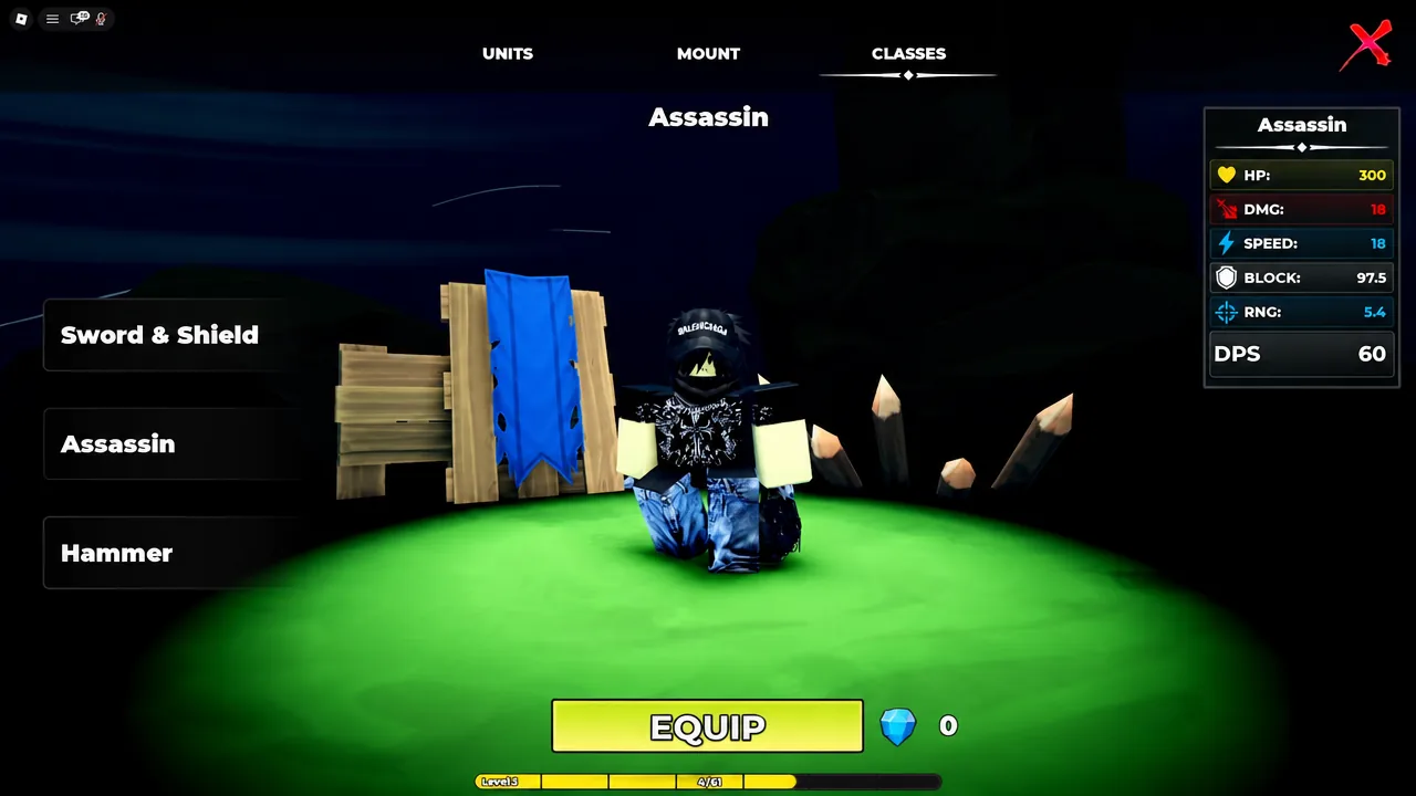 Classes menu with Assassin selected, showing its stat block and the EQUIP button