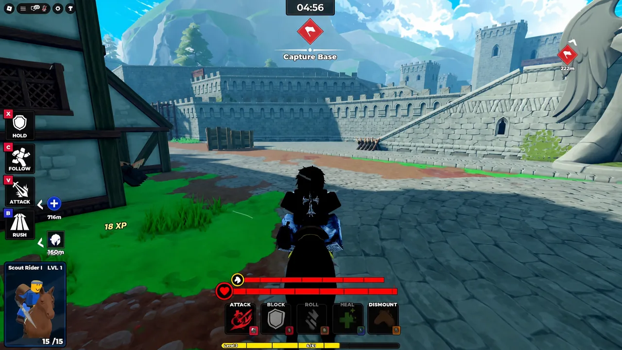 Mounted Scout Rider advancing through a castle courtyard with the Capture Base objective active