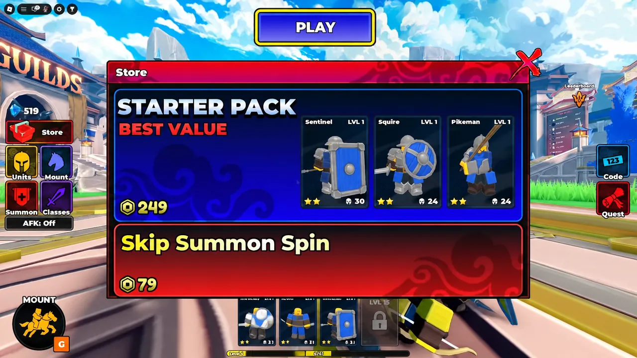 In-game Store open on the Starter Pack and Skip Summon Spin offers