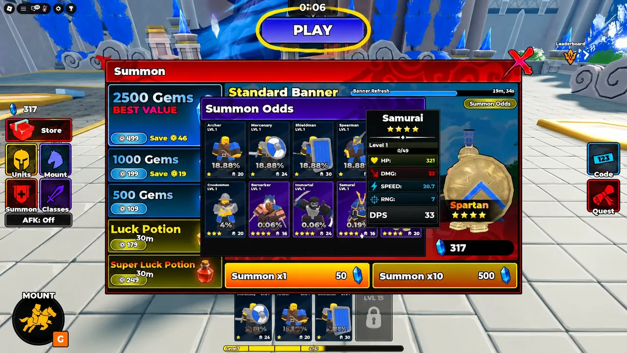 Summon screen showing banner options and odds with the PLAY button highlighted
