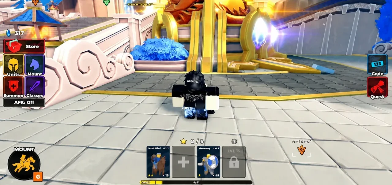 Lobby view with the Mount button and the equipped unit slots along the interface