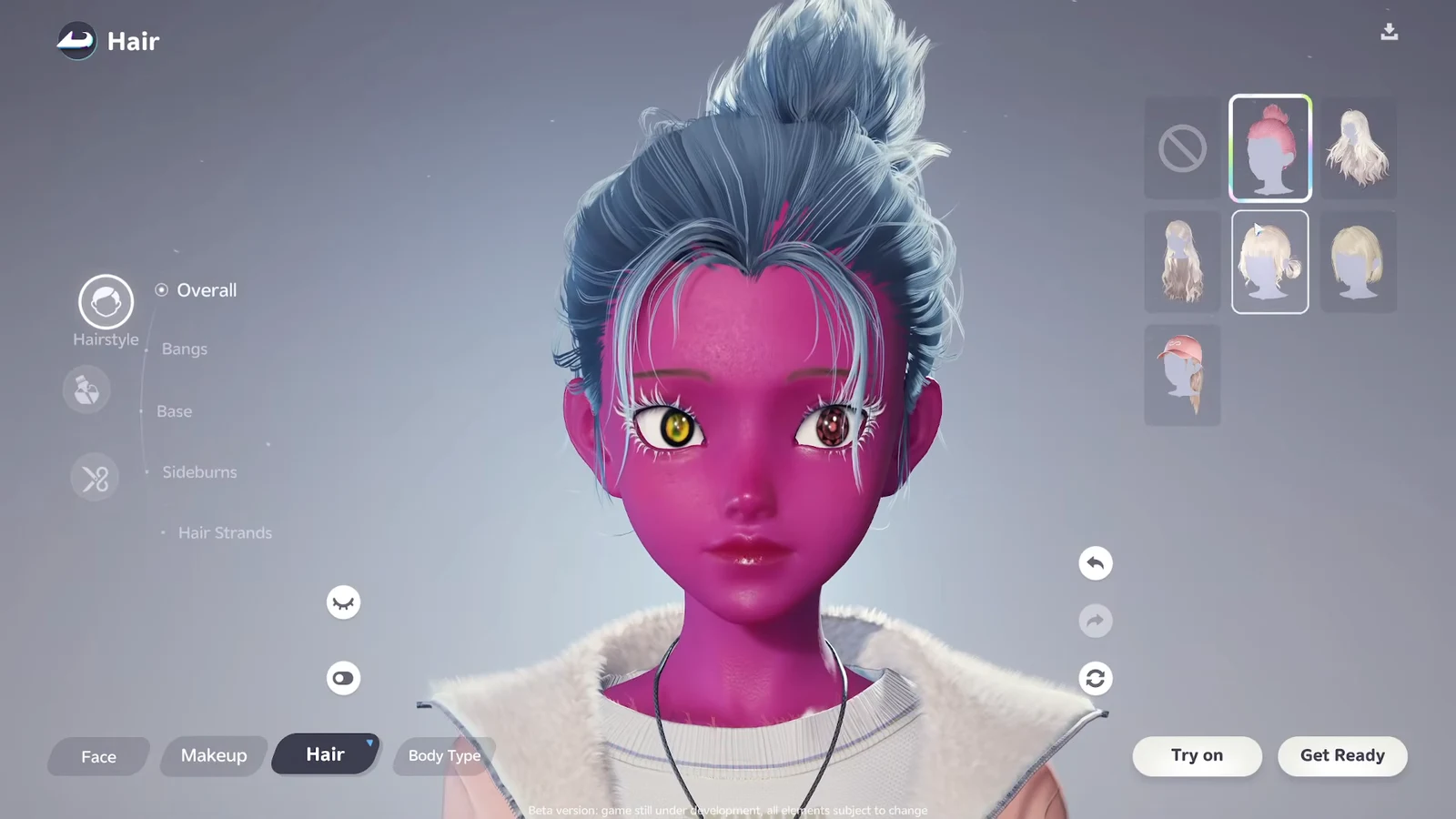Hair menu with a pink updo hairstyle thumbnail selected under Overall