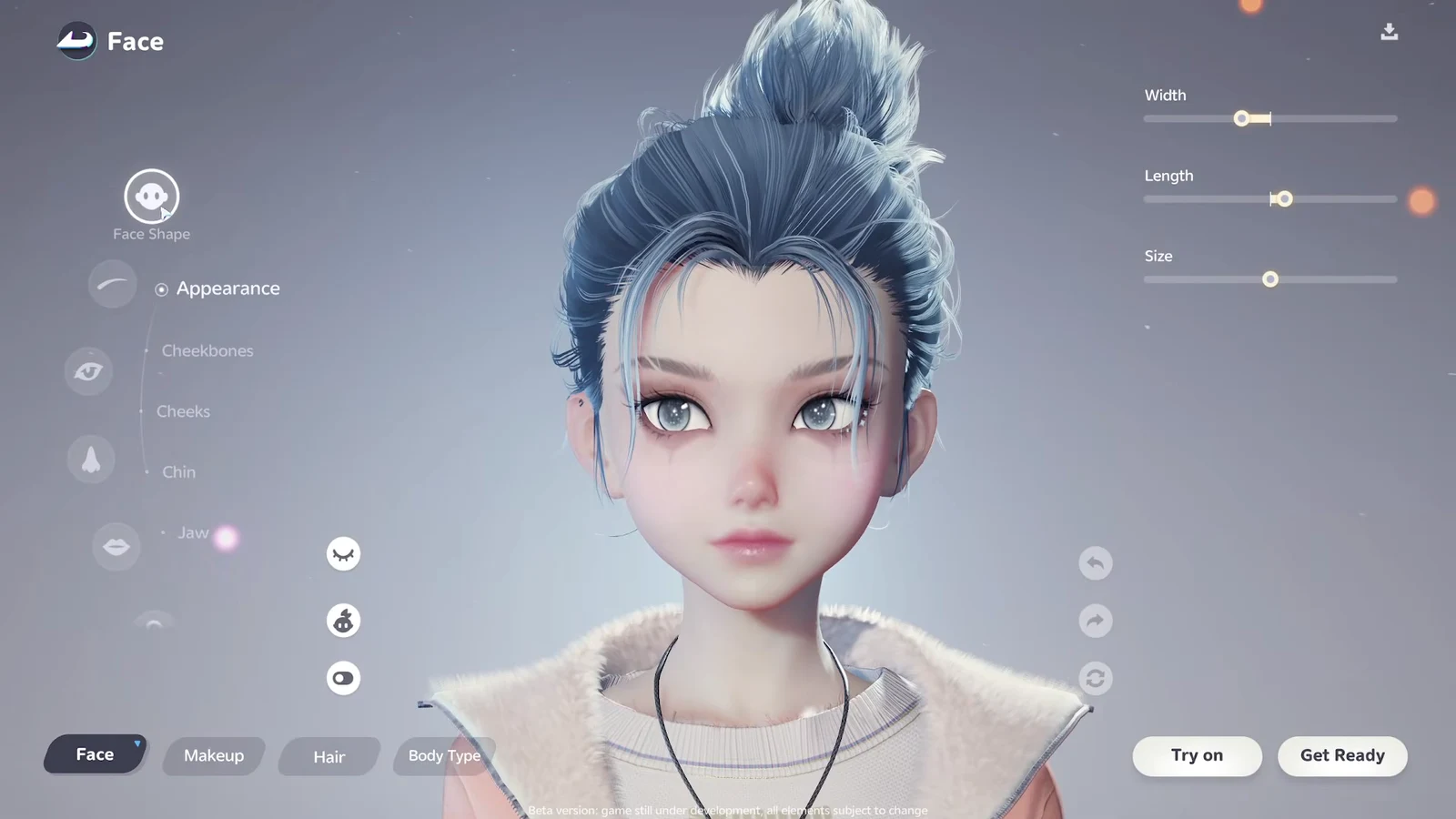 Female face customization with Face Shape Width, Length, and Size sliders active