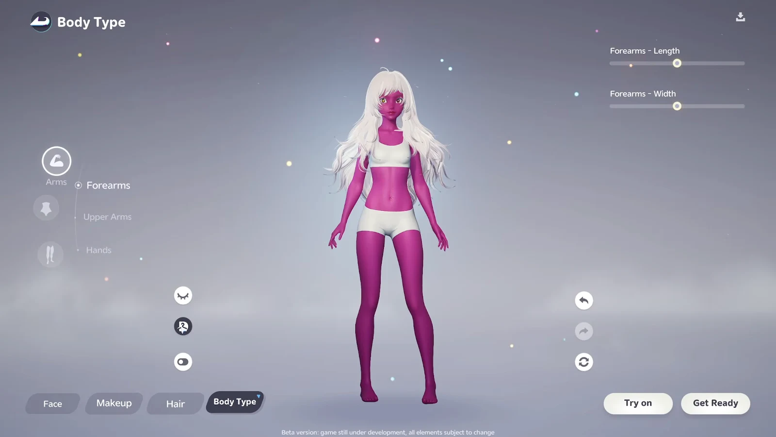 Body Type screen with Forearms selected and Length and Width sliders open