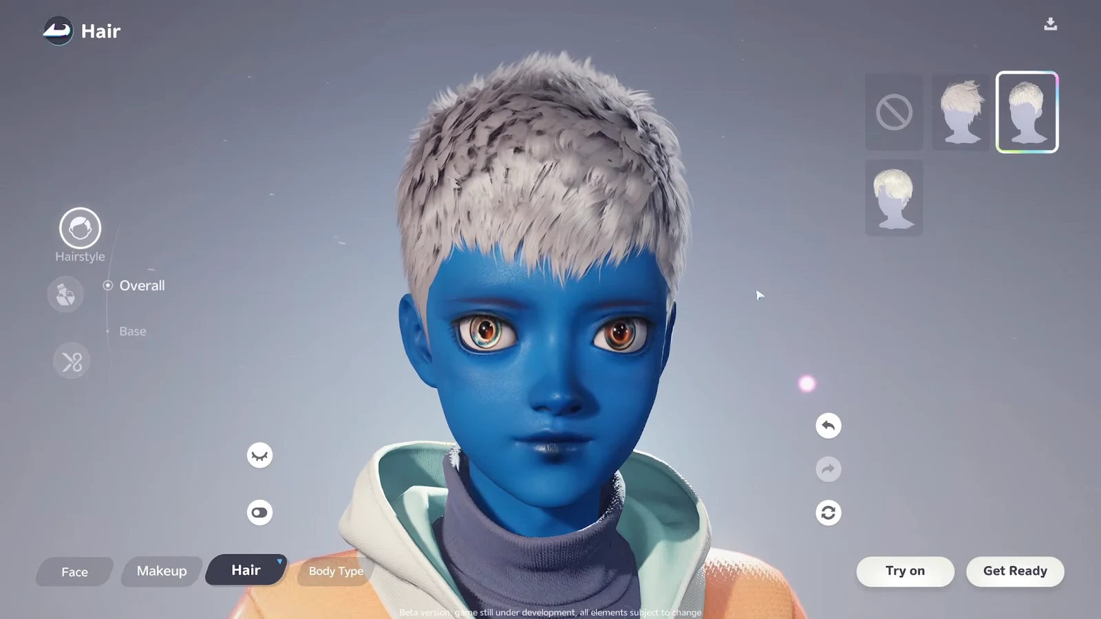 Hair menu with a short white hairstyle highlighted under the Overall category