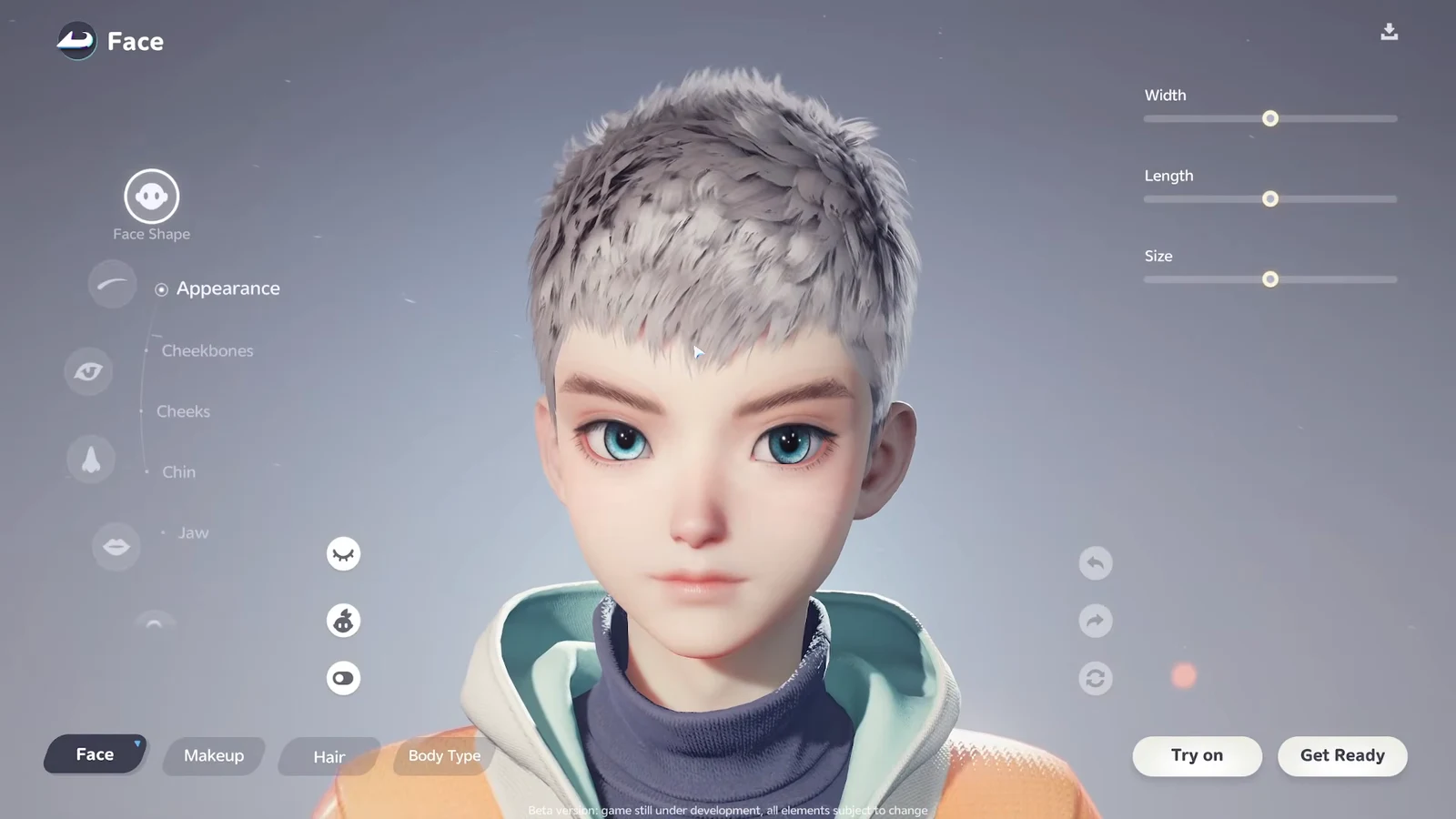 Face menu with Appearance selected and Width, Length, and Size sliders open