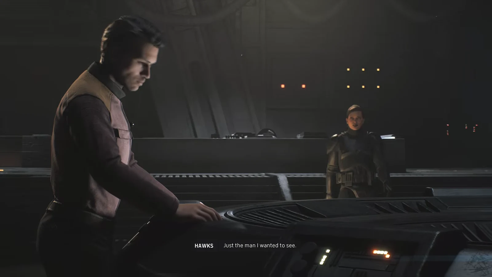 Hawks and Bennic talk at the holotable about the Empire and Bennic joining the crew