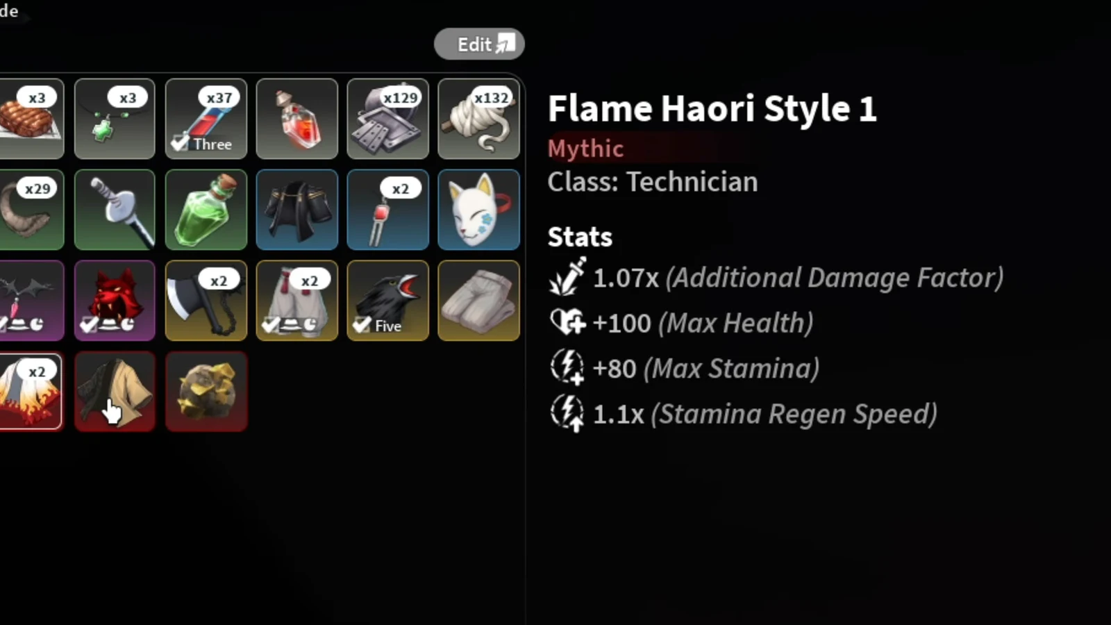 Inventory screen displaying the Flame Haori Style 1 item and its stats