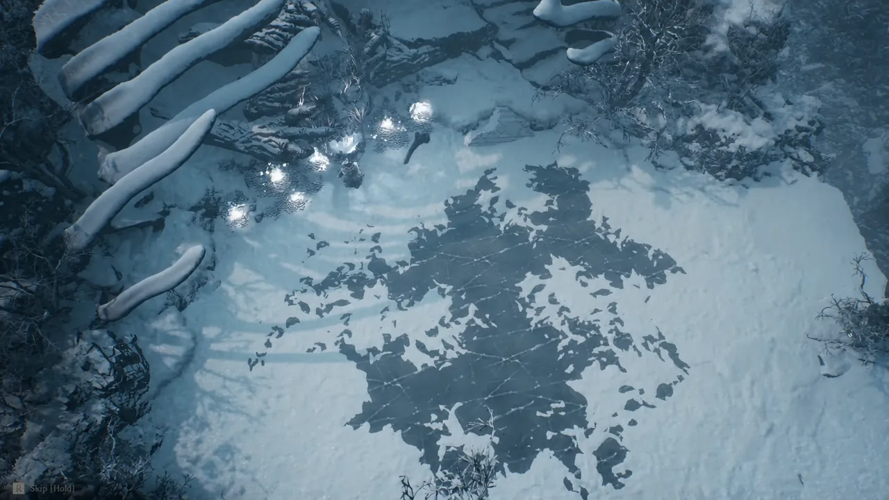 Snowy cutscene with a hold-to-skip prompt playing after the Conquered Temple boss fight