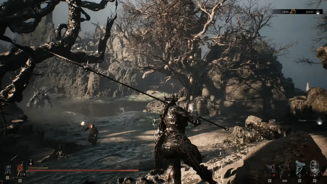 Player character aiming the Black Needle at enemies while crossing shallow water