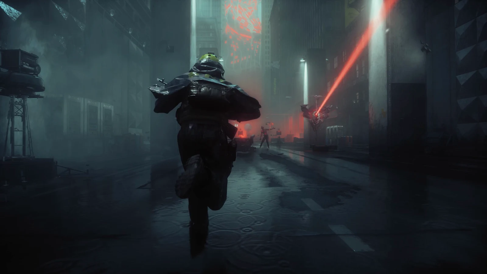 A hooded character runs through a rain-soaked city street at night as red energy beams illuminate the dark buildings.