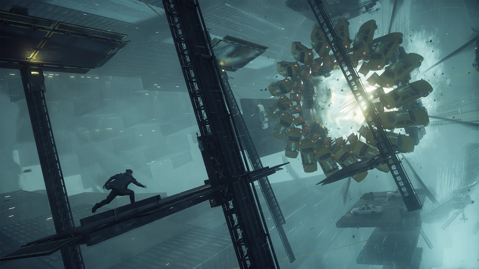 A silhouetted figure crosses a vast industrial atrium filled with floating debris and pale daylight.