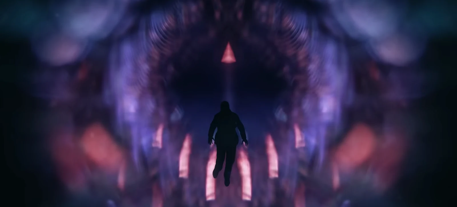 A silhouetted figure floats inside a purple-lit void space during the sinkhole escape