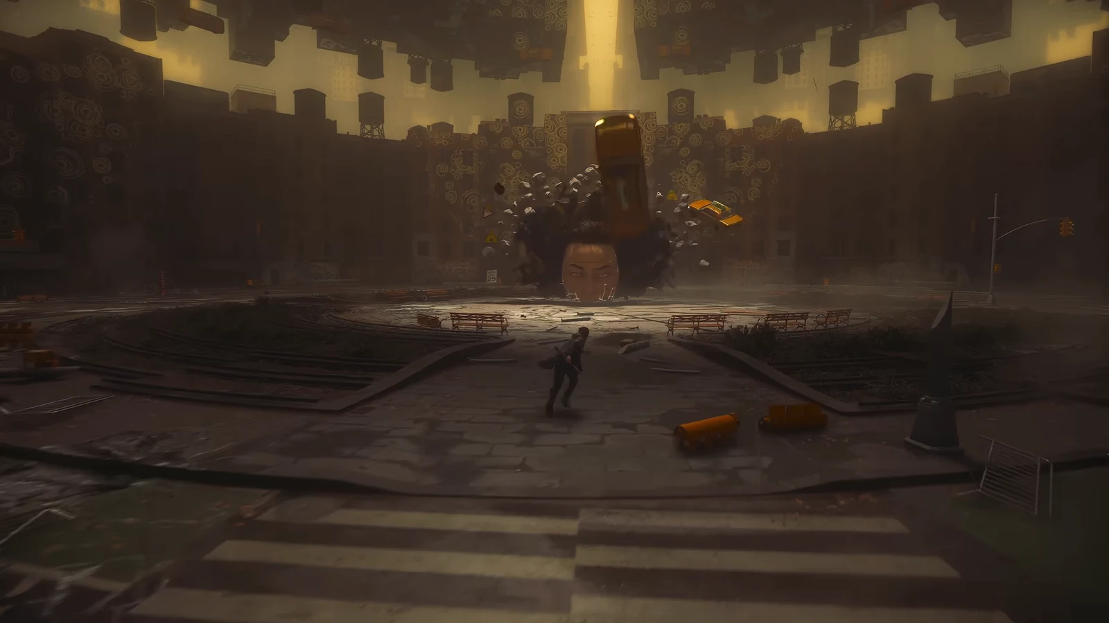 Dylan facing a huge debris-covered enemy in a wrecked city intersection